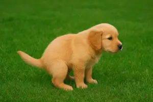 Golden retriever puppy-successfully going-potty on green grass-during training.
