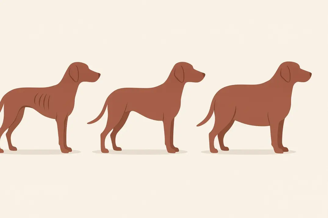 Body condition score illustration showing underweight, ideal, and overweight dogs, helping pet owners understand how much I should feed my dog