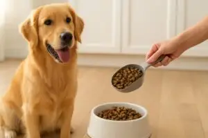 A dog sitting beside a food bowl while the owner measures kibble to determine how much food to feed their dog.
