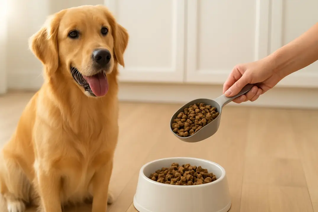 A dog sitting beside a food bowl while the owner measures kibble to determine how much food to feed their dog.