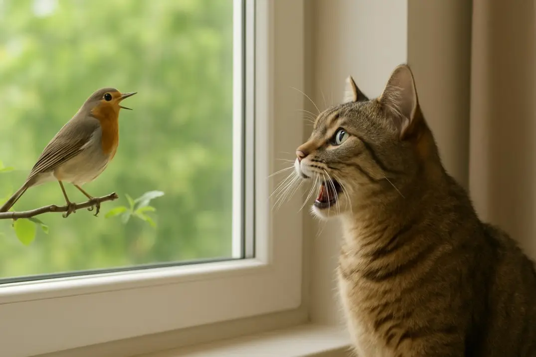Cat chirping at bird through window