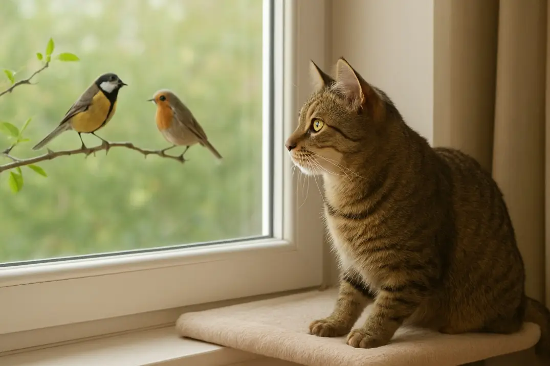 Cat on window perch watching birds