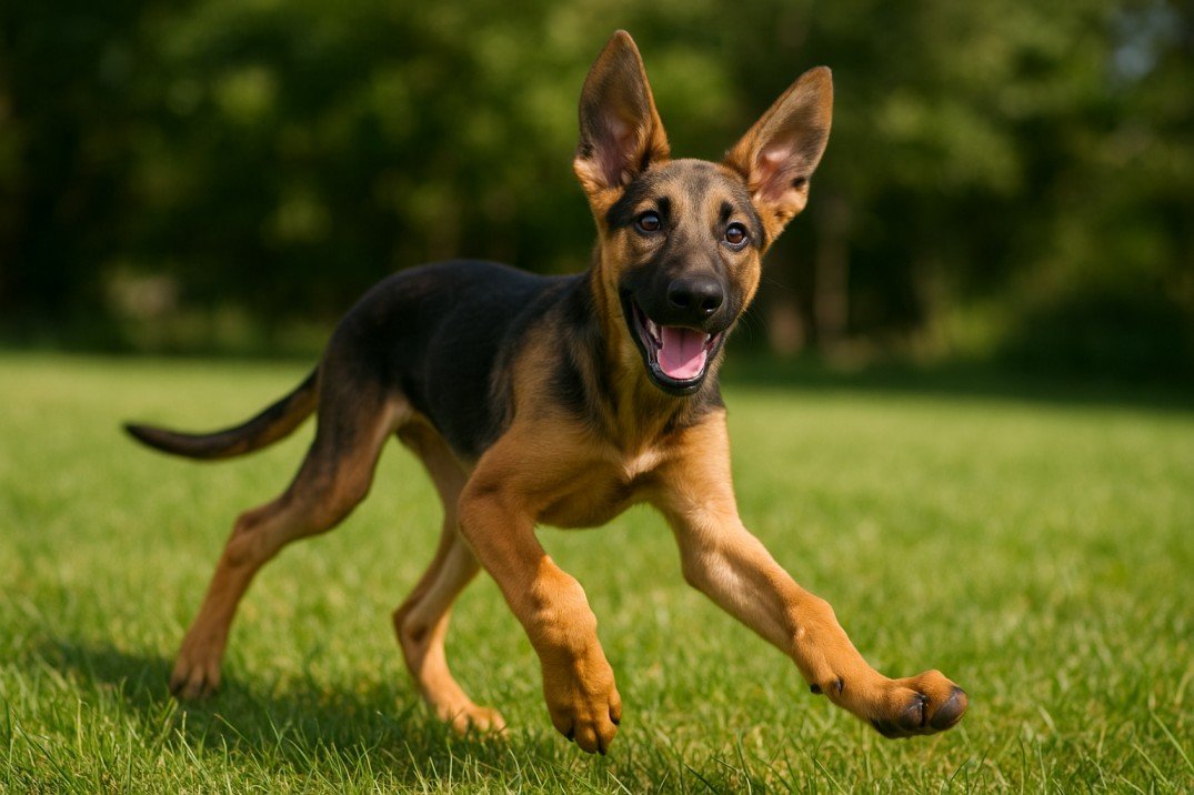 Adolescent puppy with long legs walking sideways during growth spurt phase