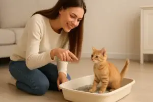 A woman gently introducing her orange kitten to the litter box on a clean floor, demonstrating early litter habits — part of kitten training tips by age.