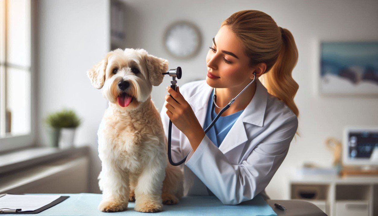 Veterinarian examining dog's ear with otoscope to check for infection causing balance problems