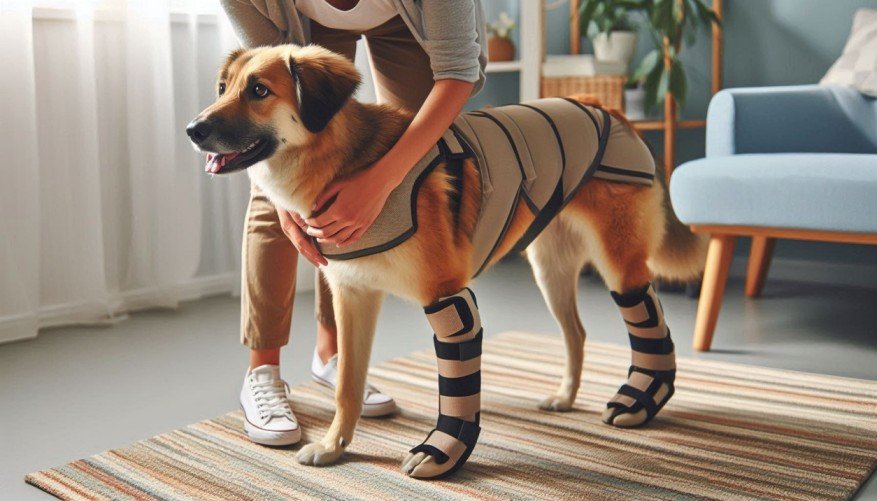 Dog recovering from balance issues with supportive harness and owner assistance