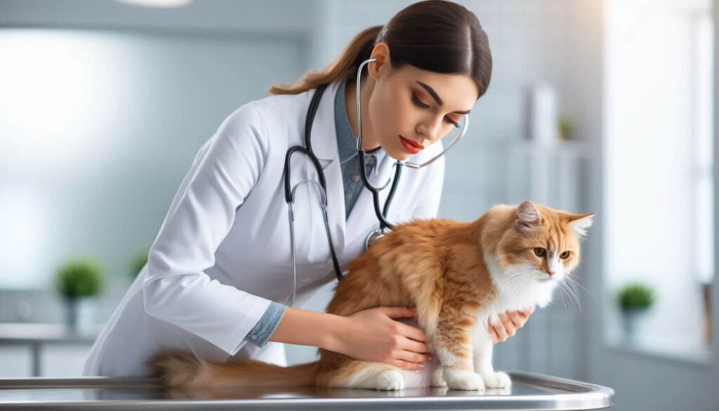 Veterinarian examining cat for urinary tract issues causing litter box sleeping behavior