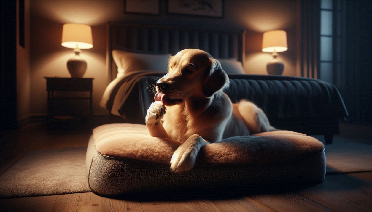 Dog keeps licking paws at night on bed showing excessive grooming behavior