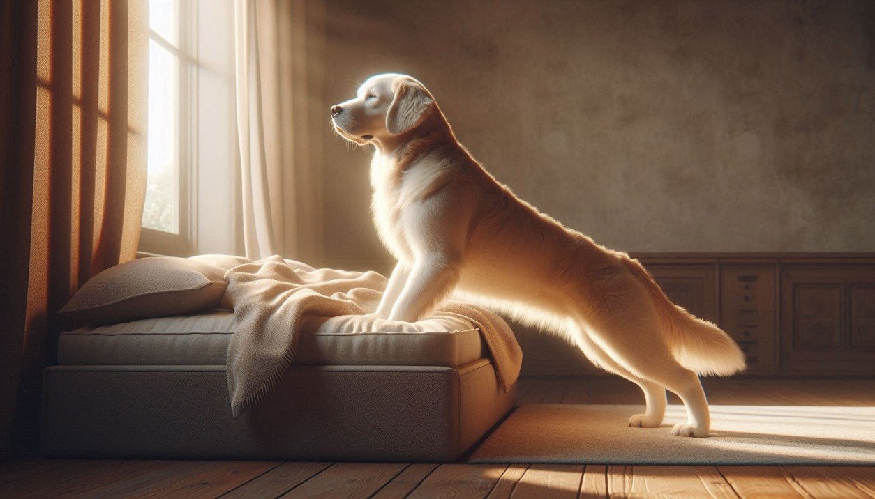 Dog limping after sleeping just waking up from bed showing stiff front leg