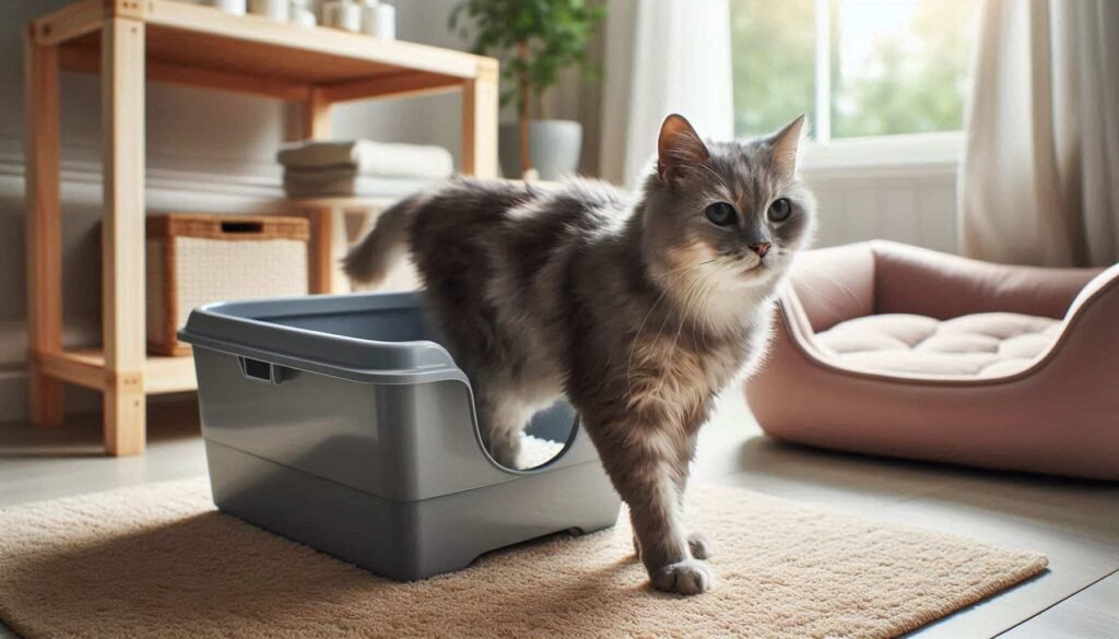 Senior cat with arthritis using low-entry litter box showing mobility solutions for elderly cats