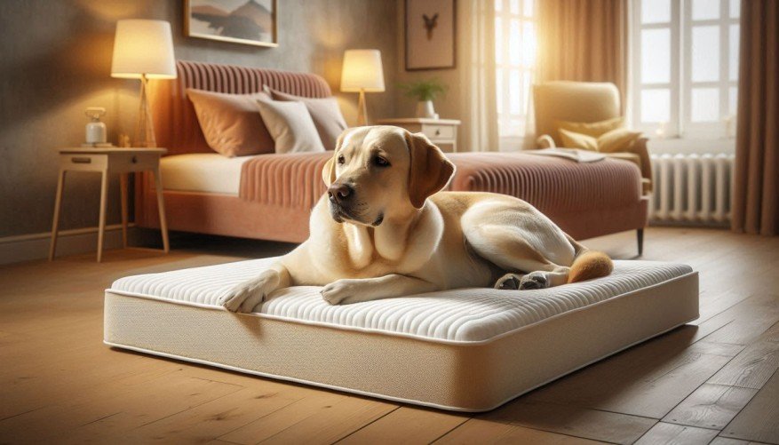 Dog resting on orthopedic memory foam bed to prevent joint stiffness and limping