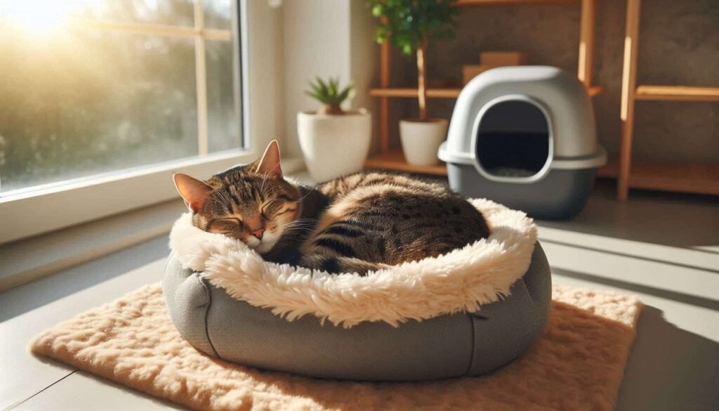 Happy cat sleeping on comfortable bed showing successful solution to stop cat sleeping in litter box behavior