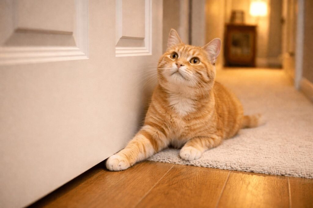 Cat waiting outside bathroom door showing why cats follow owners to bathroom behavior