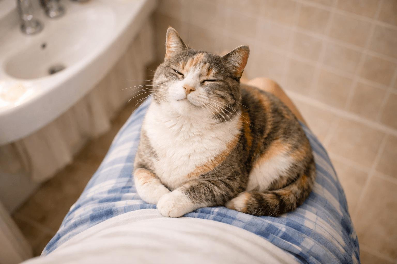 Cat sitting on owner's lap in bathroom demonstrating cat following behavior and bonding