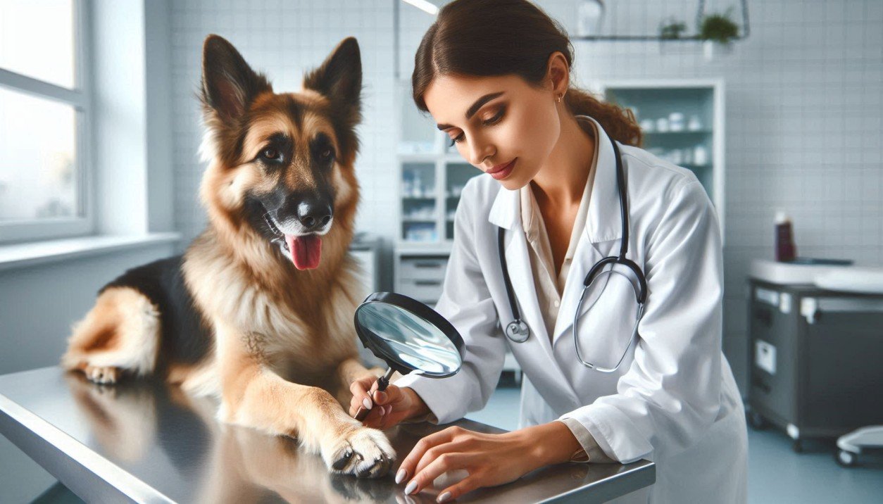 Veterinarian examining dog's paws to diagnose cause of excessive nighttime licking