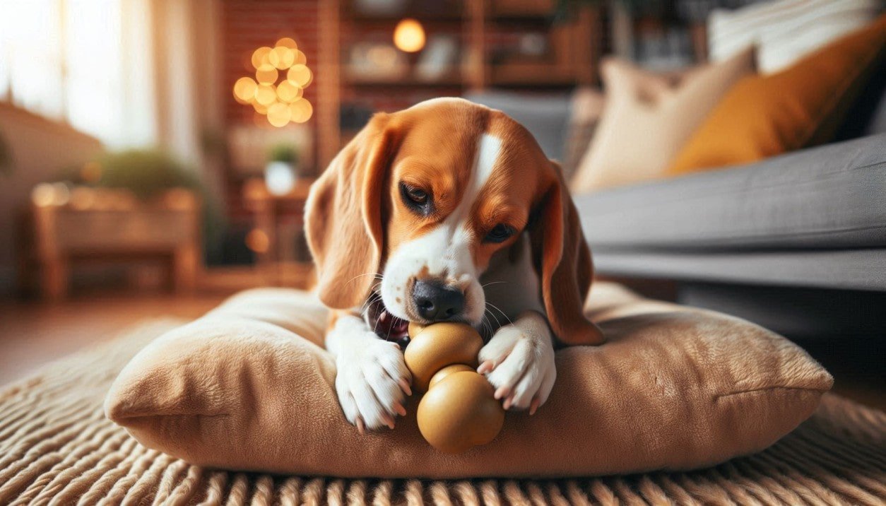 Dog enjoying Kong toy during separation training creating positive associations