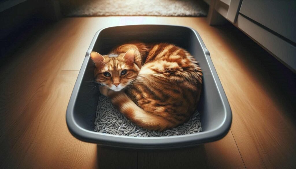 Cat sleeping in litter box showing abnormal behavior requiring veterinary attention