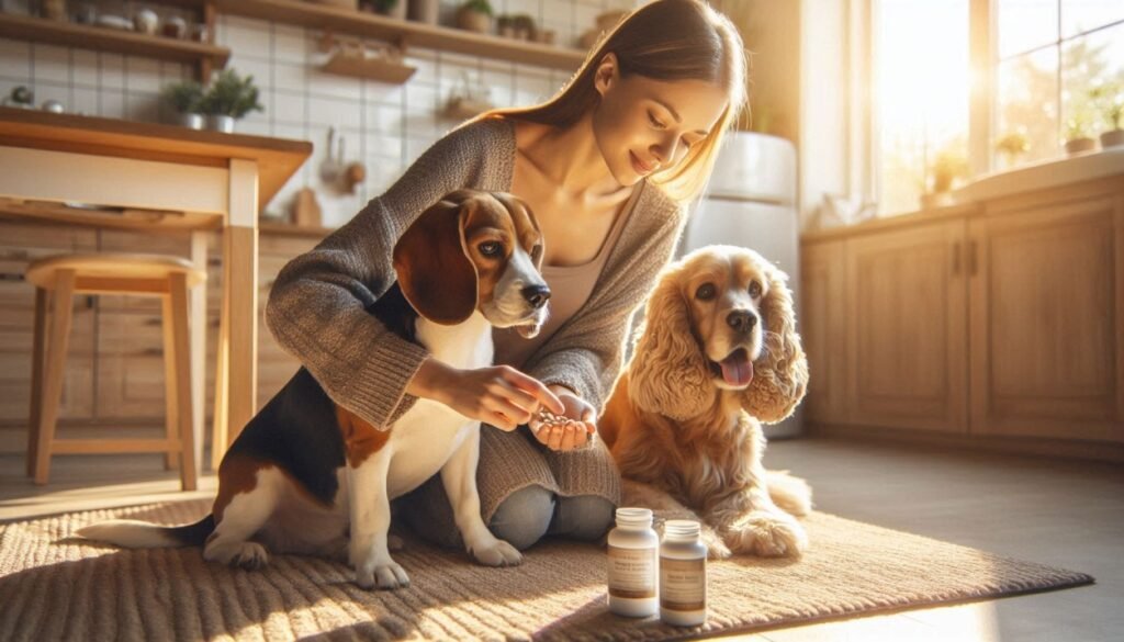 Dog receiving joint supplement medication for arthritis and limping issues