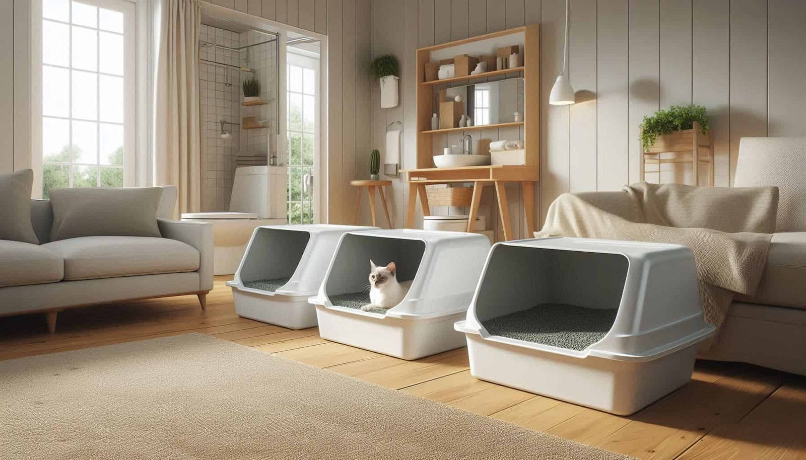 Multiple clean litter boxes showing proper setup to fix cat peeing outside litter box but pooping inside problem