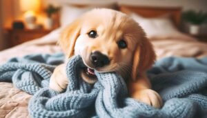 Dog nibbling on blanket showing why dogs nibble blankets for comfort and self-soothing behavior