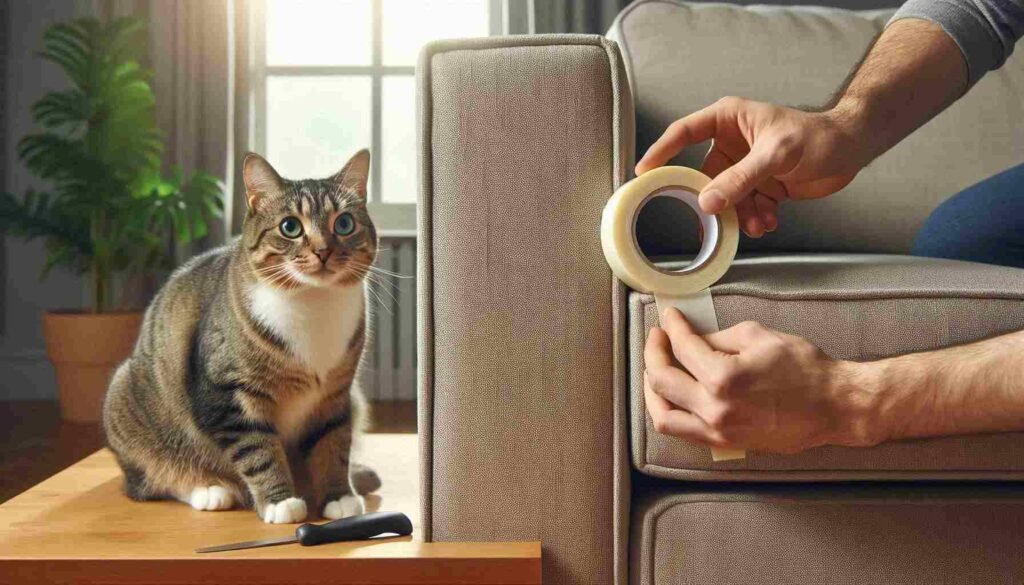Pet owner applying double-sided tape deterrent to couch to stop cat scratching furniture naturally
