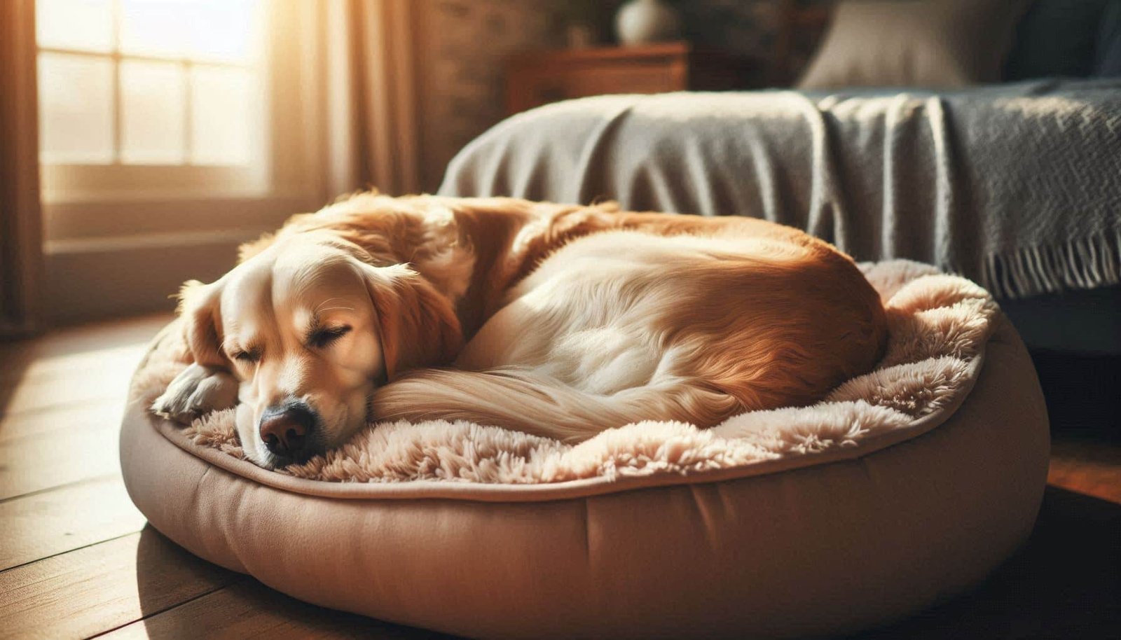 Content dog sleeping peacefully on blanket after nibbling showing comfort-seeking behavior satisfied