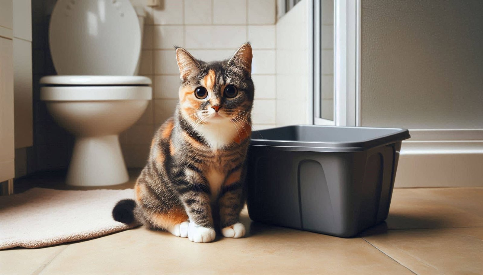 Cat sitting near litter box showing signs of urinary discomfort causing peeing outside litter box but pooping inside