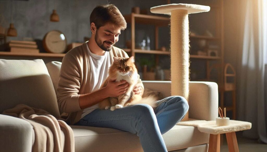 Happy cat and owner on intact furniture after successfully stopping cat scratching furniture behavior