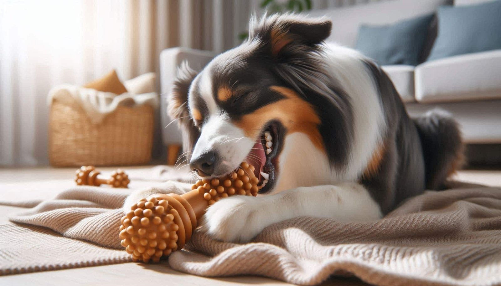 Dog chewing appropriate toy instead of blanket showing solution to redirect dog nibbling behavior