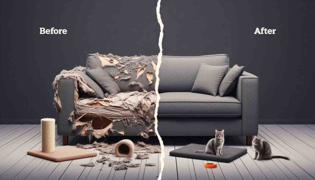Before and after comparison showing cat scratching furniture damage versus protected couch with scratching post alternative