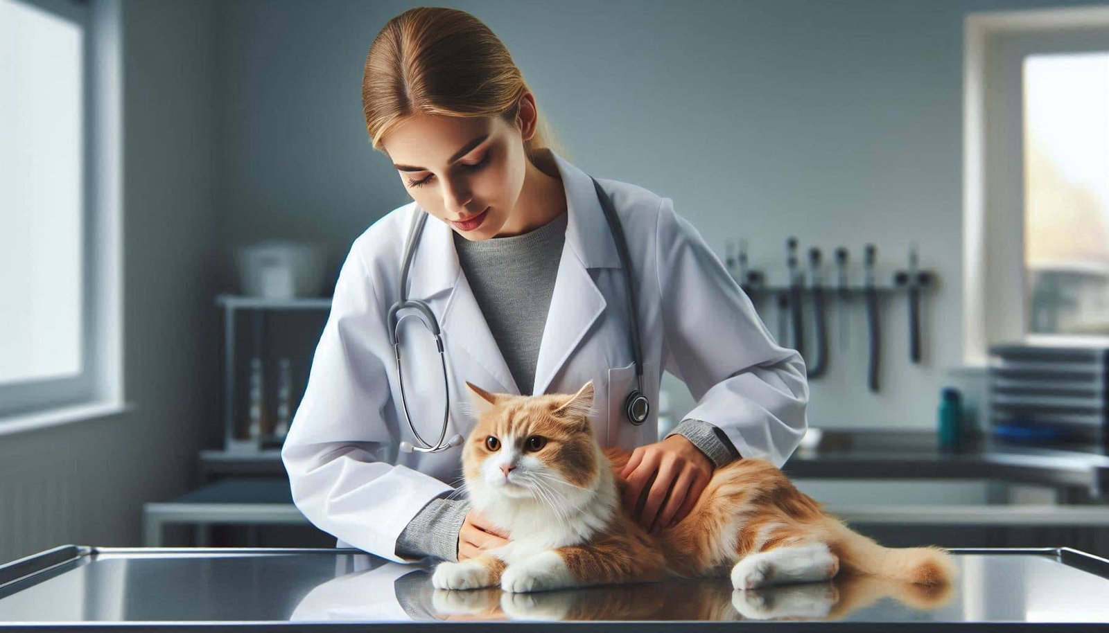 Veterinarian examining cat for urinary tract infection causing peeing outside litter box but pooping inside