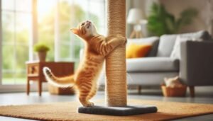 Cat happily using scratching post showing how to stop cat scratching furniture with proper alternatives