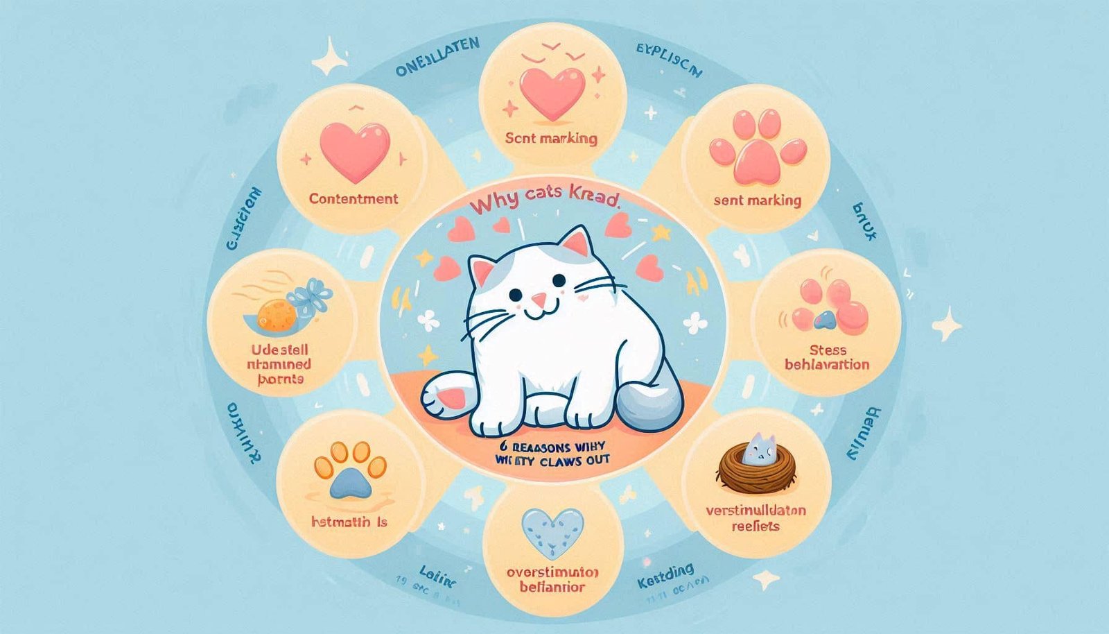 Infographic explaining six reasons why cat kneading with claws out happens including contentment and scent marking
