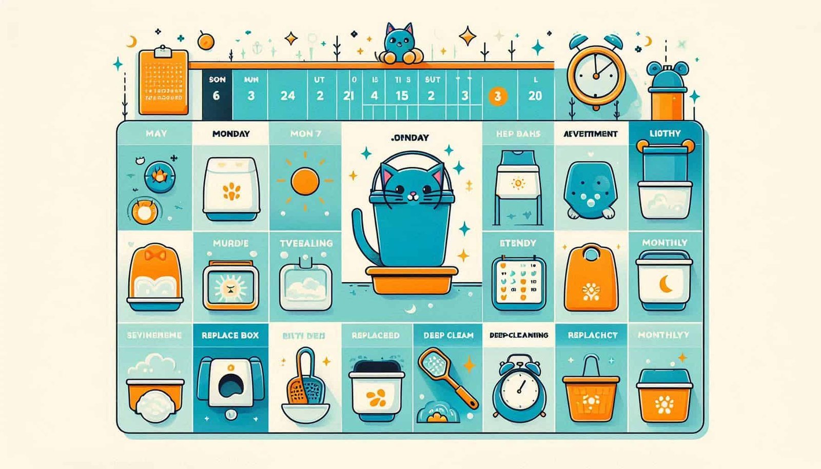 Weekly litter box maintenance schedule with daily scooping and cleaning tasks for best litter box setup for multiple cats