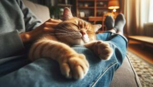 Cat kneading with claws out on owner's lap showing affectionate behavior and extended claws