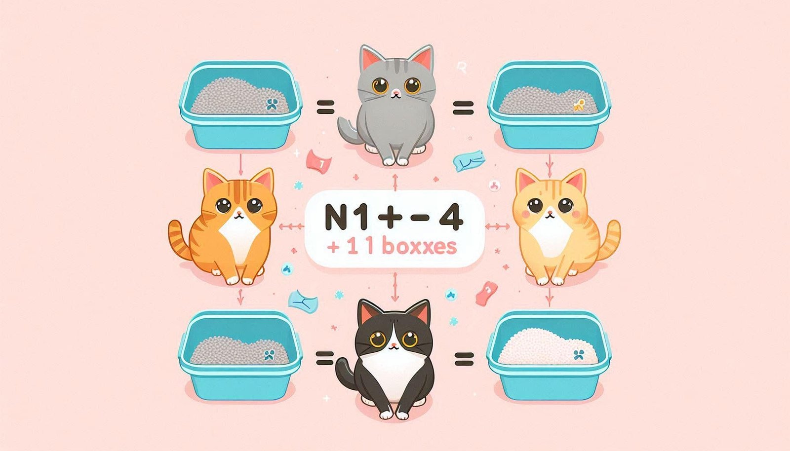 Infographic showing three cats need four litter boxes following the veterinary n+1 rule for best litter box setup for multiple cats