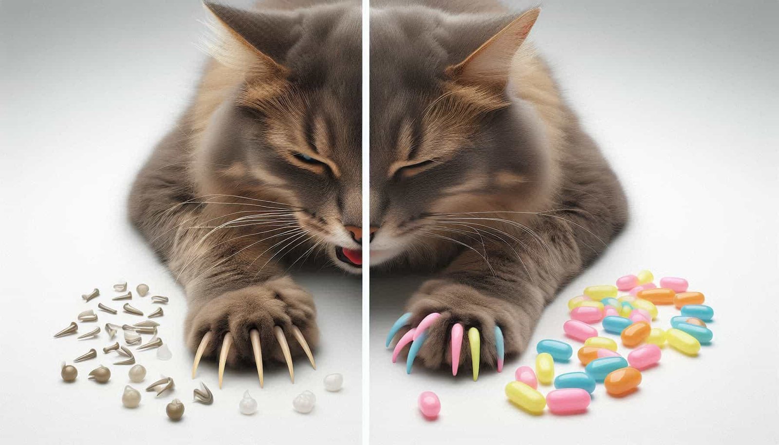 Before and after comparison showing soft nail caps as humane solution for cat kneading with claws out