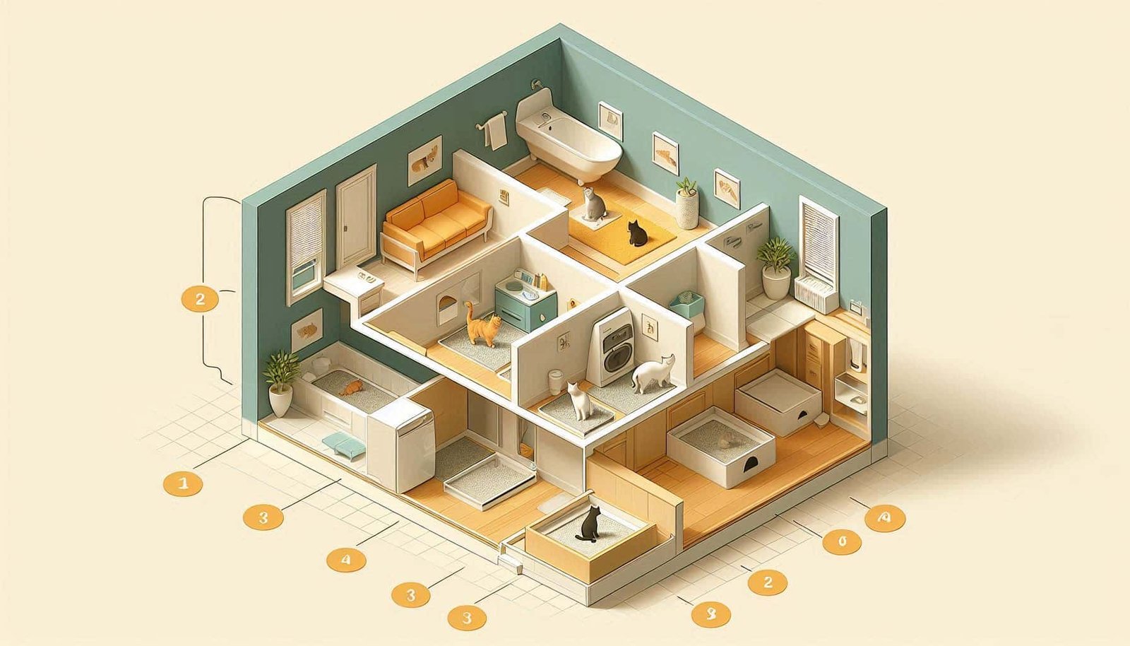 Home layout diagram showing proper litter box placement across multiple rooms and floors for best litter box setup for multiple cats