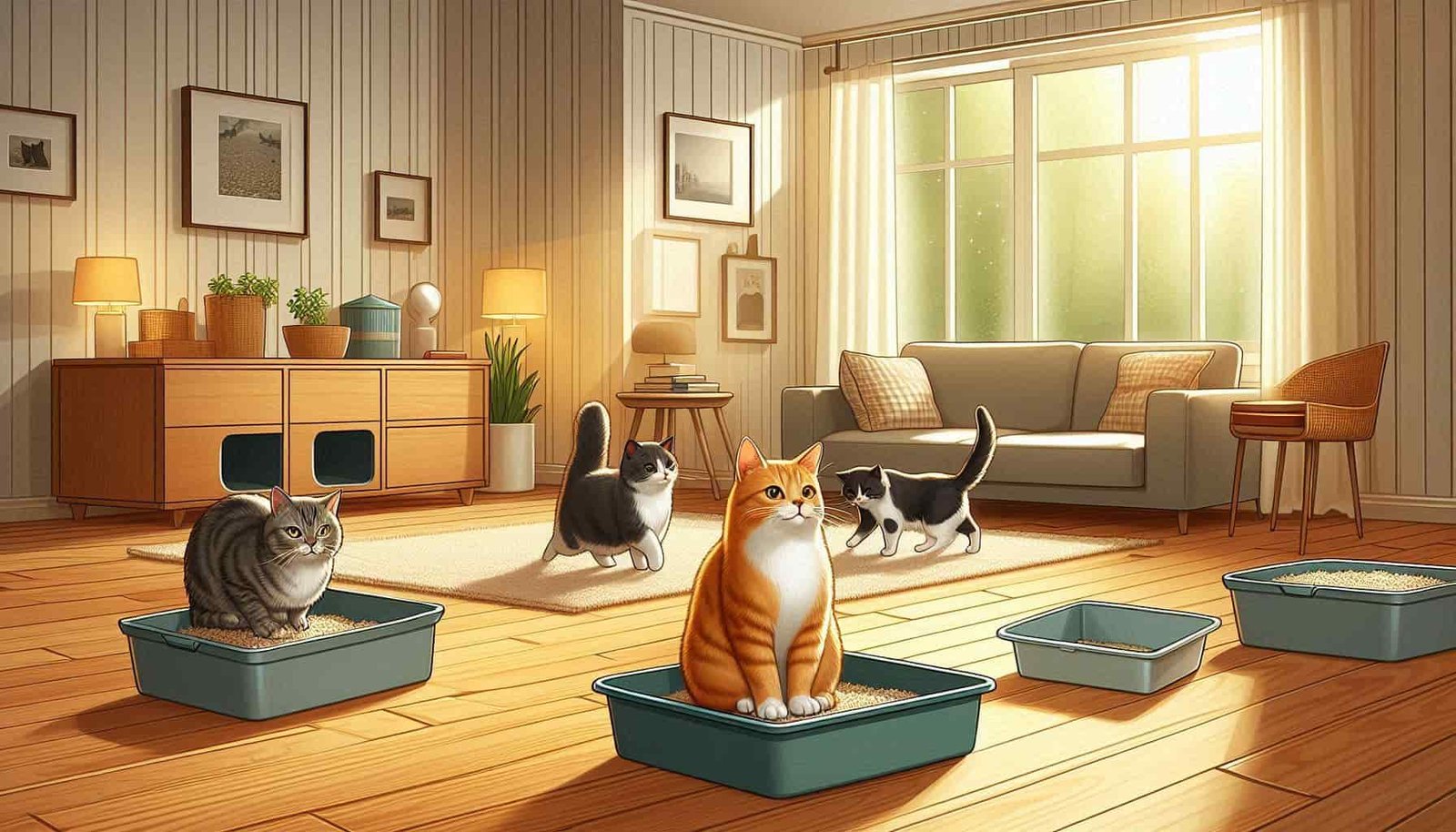 Multiple cats using separate litter boxes in organized home demonstrating best litter box setup for multiple cats