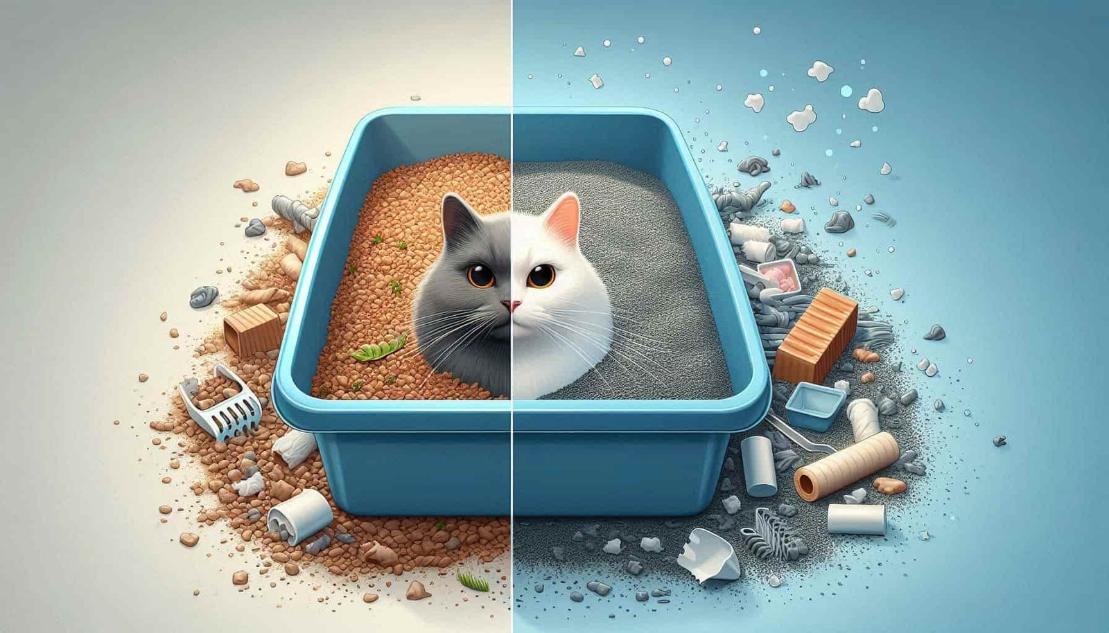 Litter box divided with trash.