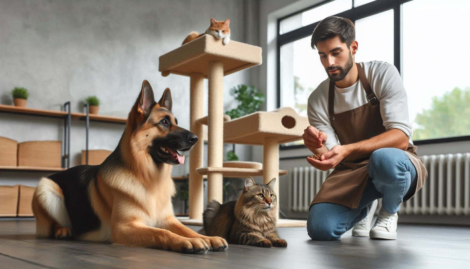 Dog trainer teaching German Shepherd impulse control commands around cats using positive reinforcement