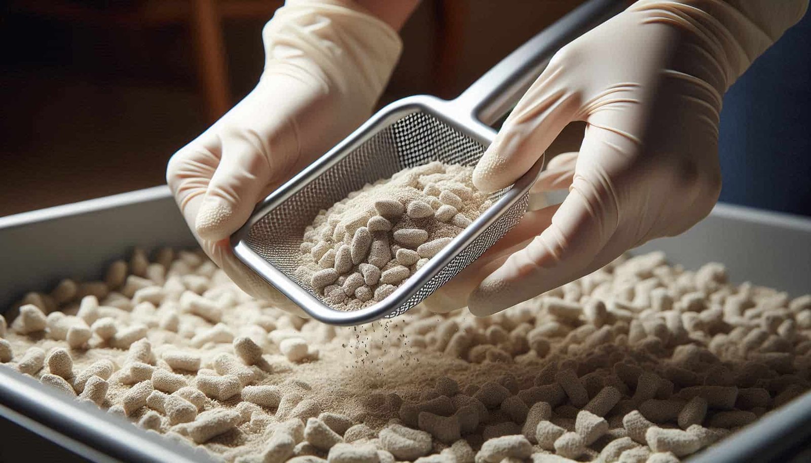 Proper technique for scooping cat litter showing clumps in scoop