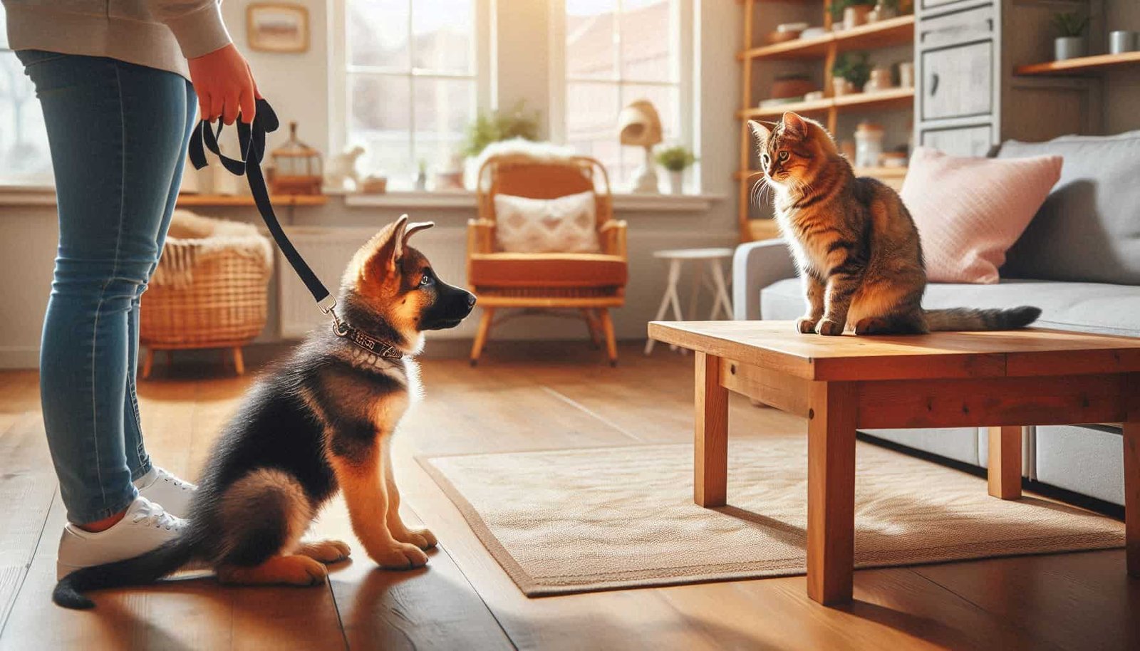 Are German Shepherds good with cats - puppy meeting cat during first controlled introduction