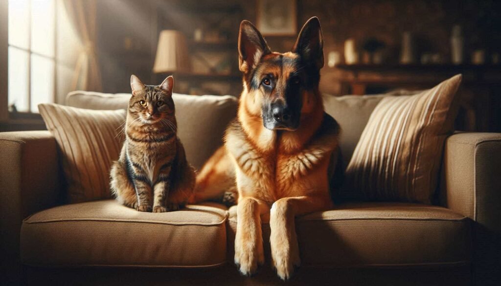 Are German Shepherds good with cats? Yes - dog and cat living together peacefully on couch
