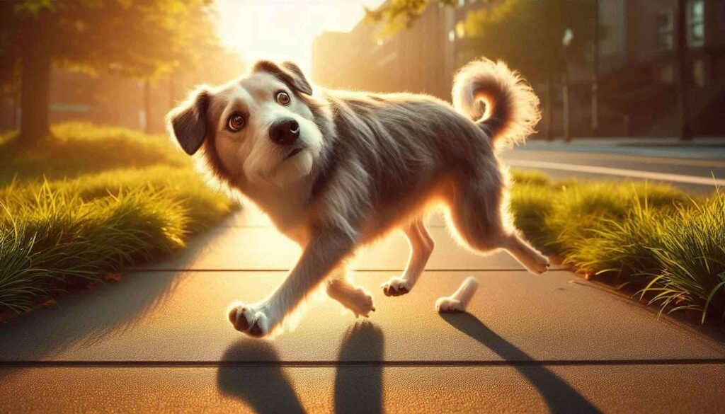 Dog walking sideways in crab-like gait on sidewalk